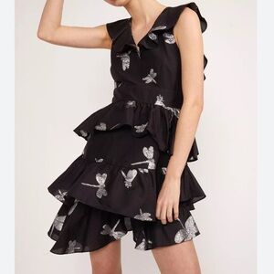 Cynthia Rowley Jetset Dragonfly Asymmetrical Black and Silver Mini Dress. Size 6